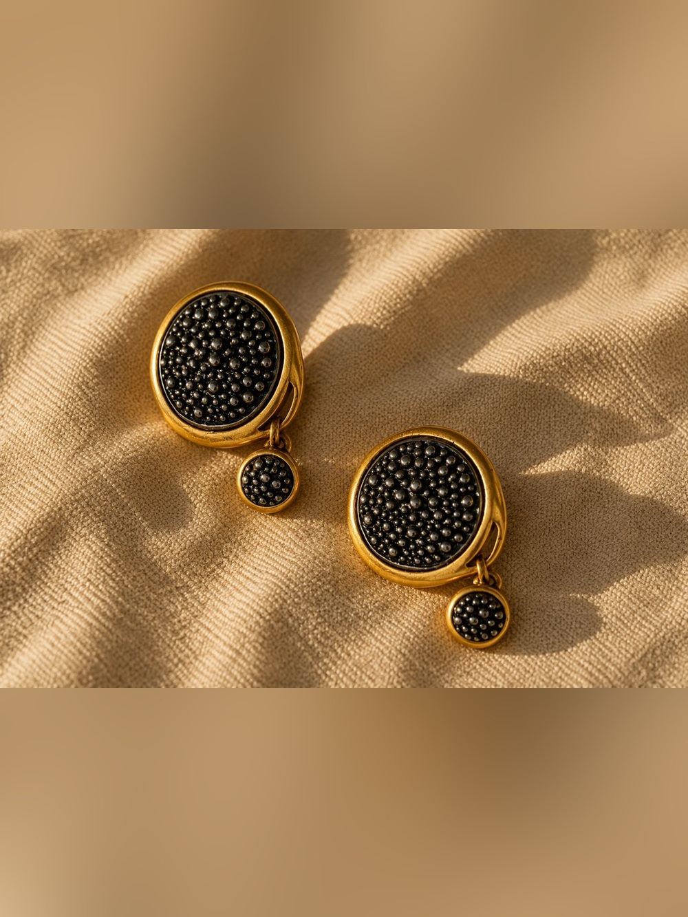Chico's Gold Tone Black Textured Statement Drop Earrings Artisan Modern Chic $69